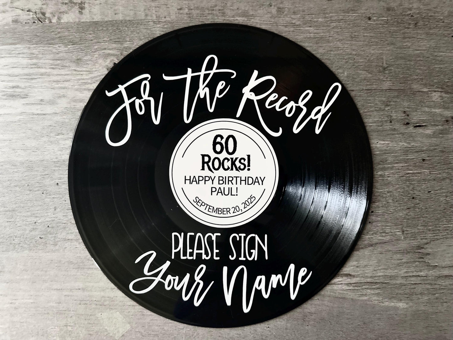 Custom Vinyl Record Center Label – 12" Sign or Guestbook – Wedding Decor, Music Themed Gift, Real Recycled Record with Label