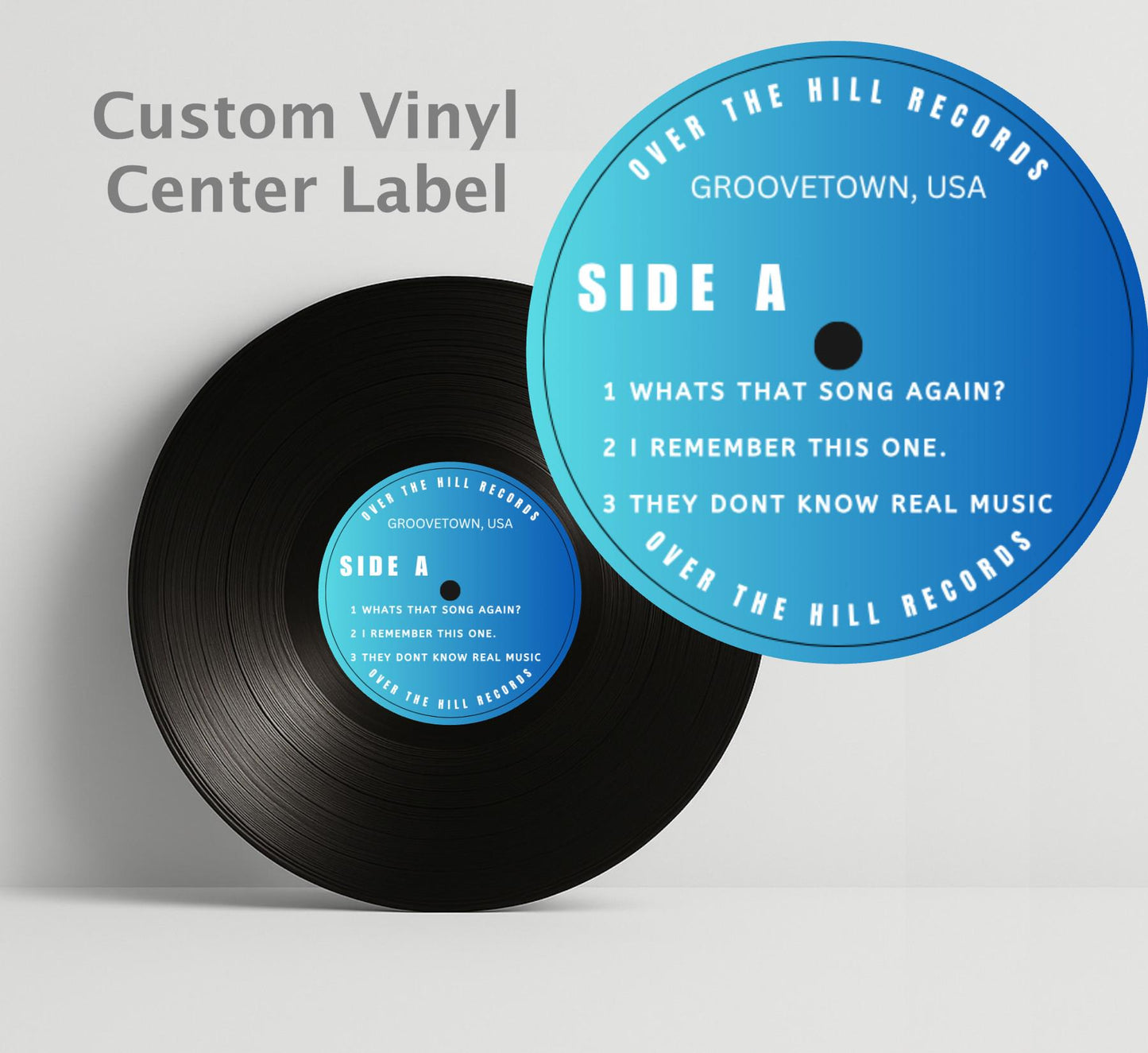 Custom Vinyl Record Center Label – 12" Sign or Guestbook – Over the Hill Decor, Birthday Music Theme Gift, Real Recycled Record with Label