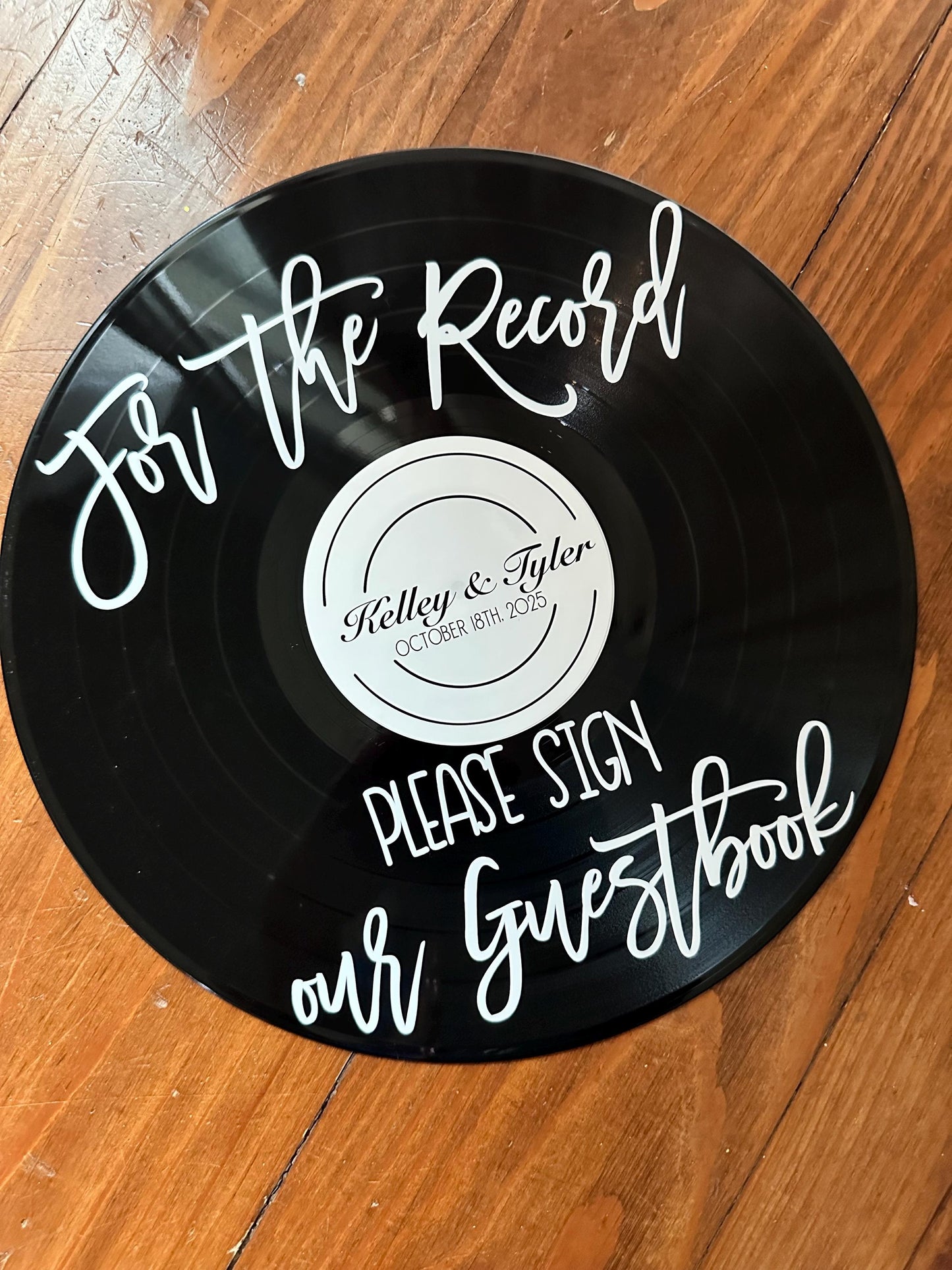 Custom Vinyl Record Center Label – 12" Sign or Guestbook – Wedding Decor, Music Themed Gift, Real Recycled Record with Label