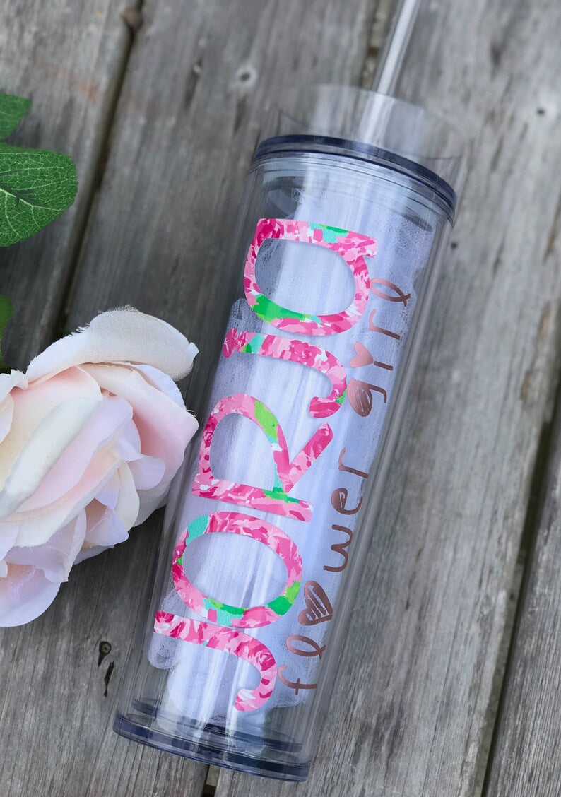 Junior Bridesmaid Tumblers, Flower Girl Gift, Wedding Party Tumblers, Kid Cups, Personalized Acrylic Tumblers, Rainbow Name, Bridesmaid Gift