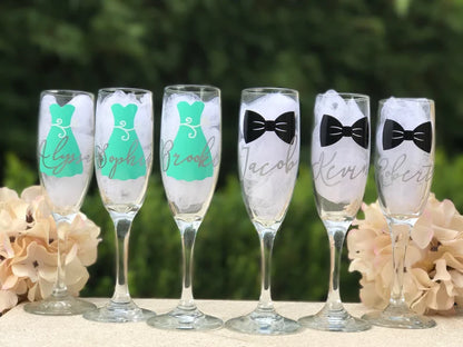 Personalized Champagne Flutes, Bridesmaid Dress Glasses, Bridal Party Stemmed Flutes, Custom Champagne glasses, Wedding Groomsman Glasses