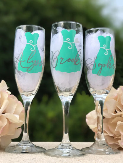 Personalized champagne glasses, bridesmaid glasses, dress glasses, bridesmaid proposal, champagne flutes, toasting glasses, wedding glasses