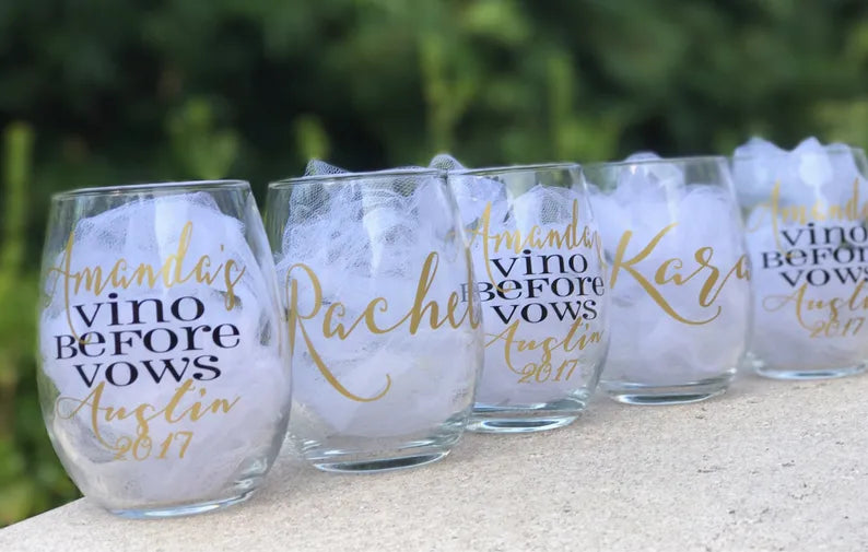 Bachelorette stemless wine glasses, bachelorette weekend,  vino before vows, wine trip, bachelorette glasses, bridesmaids glasses