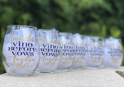 Bachelorette stemless wine glasses, bachelorette weekend,  vino before vows, wine trip, bachelorette glasses, bridesmaids glasses