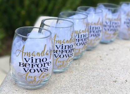 Bachelorette stemless wine glasses, bachelorette weekend,  vino before vows, wine trip, bachelorette glasses, bridesmaids glasses