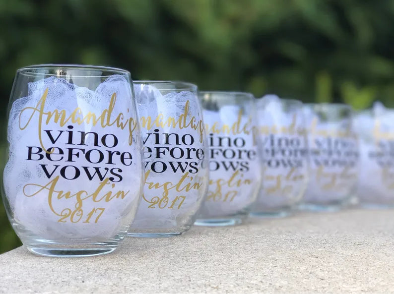 Bachelorette stemless wine glasses, bachelorette weekend,  vino before vows, wine trip, bachelorette glasses, bridesmaids glasses