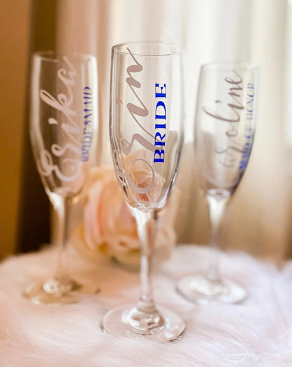 Personalized Bridesmaid Glasses, Wedding Party Flutes, Custom Champagne Glasses, Bridal Shower Glasses, Bridal Party Glasses