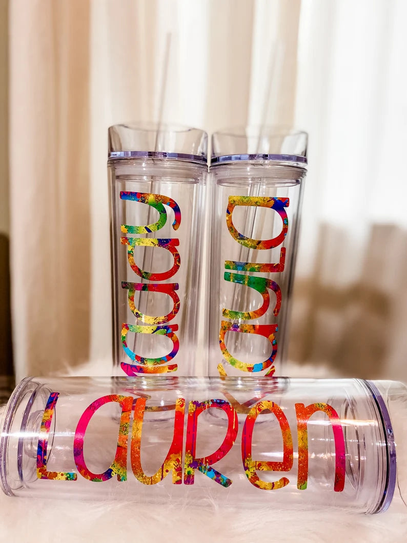 Personalized Junior Bridesmaid Tumblers, Flower Girl Tumbler, Acrylic Skinny Tumblers with lid and straw, Rainbow Name Cup, Bridesmaid Gift