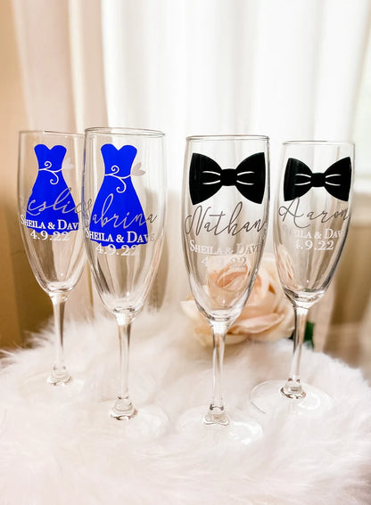 Personalized Champagne Flutes, Bridesmaid Dress Glasses, Bridal Party Stemmed Flutes, Custom Champagne glasses, Wedding Groomsman Glasses