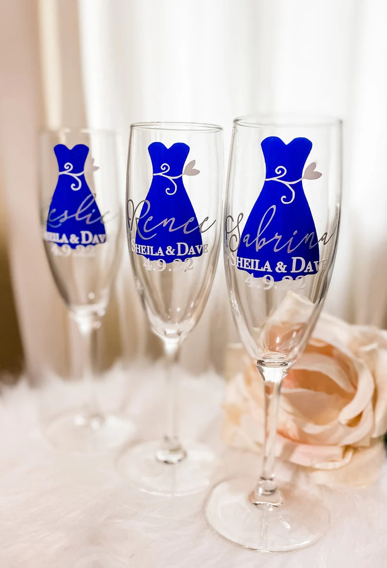 Personalized Champagne Flutes, Bridesmaid Dress Glasses, Bridal Party Stemmed Flutes, Custom Champagne glasses, Wedding Groomsman Glasses