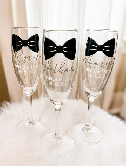 Personalized Champagne Flutes, Bridesmaid Dress Glasses, Bridal Party Stemmed Flutes, Custom Champagne glasses, Wedding Groomsman Glasses