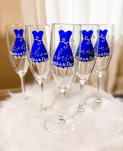 Personalized Champagne Flutes, Bridesmaid Dress Glasses, Bridal Party Stemmed Flutes, Custom Champagne glasses, Wedding Groomsman Glasses