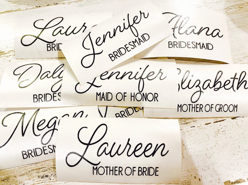 Bridesmaid Decals for Champagne Glasses, Name and Title Stickers, Name Decals. Bridesmaid decals, bridesmaid glasses, diy decals