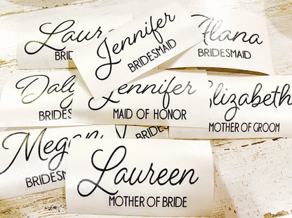 Bridesmaid Decals for Champagne Glasses, Name and Title Stickers, Name Decals. Bridesmaid decals, bridesmaid glasses, diy decals