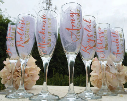 Bridesmaid Champagne Glasses, Personalized Glasses, Personalized wedding glasses, bridesmaid proposal, bridesmaid gifts