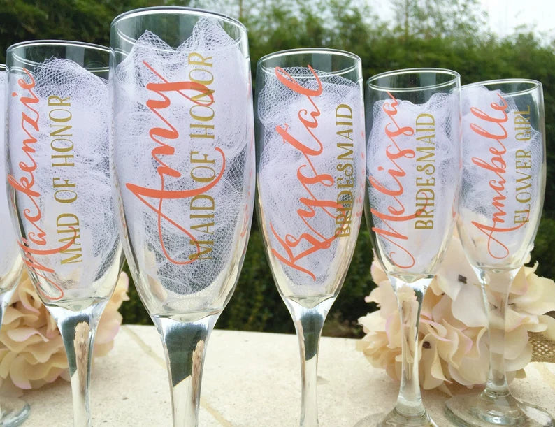 Bridesmaid Champagne Glasses, Personalized Glasses, Personalized wedding glasses, bridesmaid proposal, bridesmaid gifts