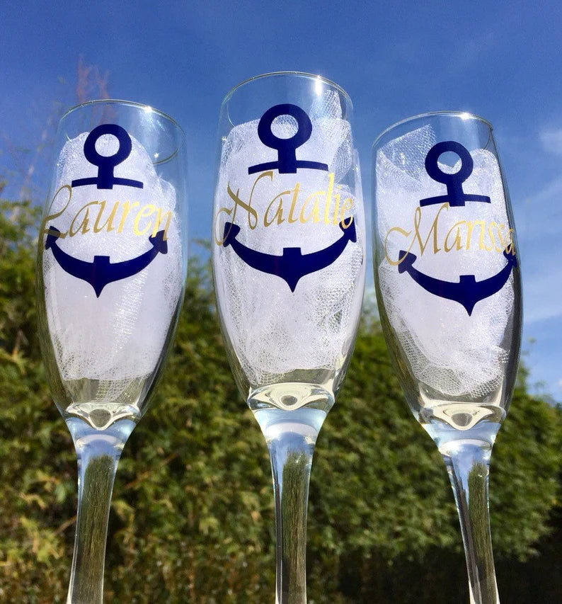 Nautical champagne glasses, personalized champagne flutes, nautical wedding