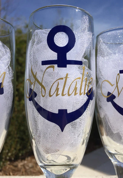 Nautical champagne glasses, personalized champagne flutes, nautical wedding