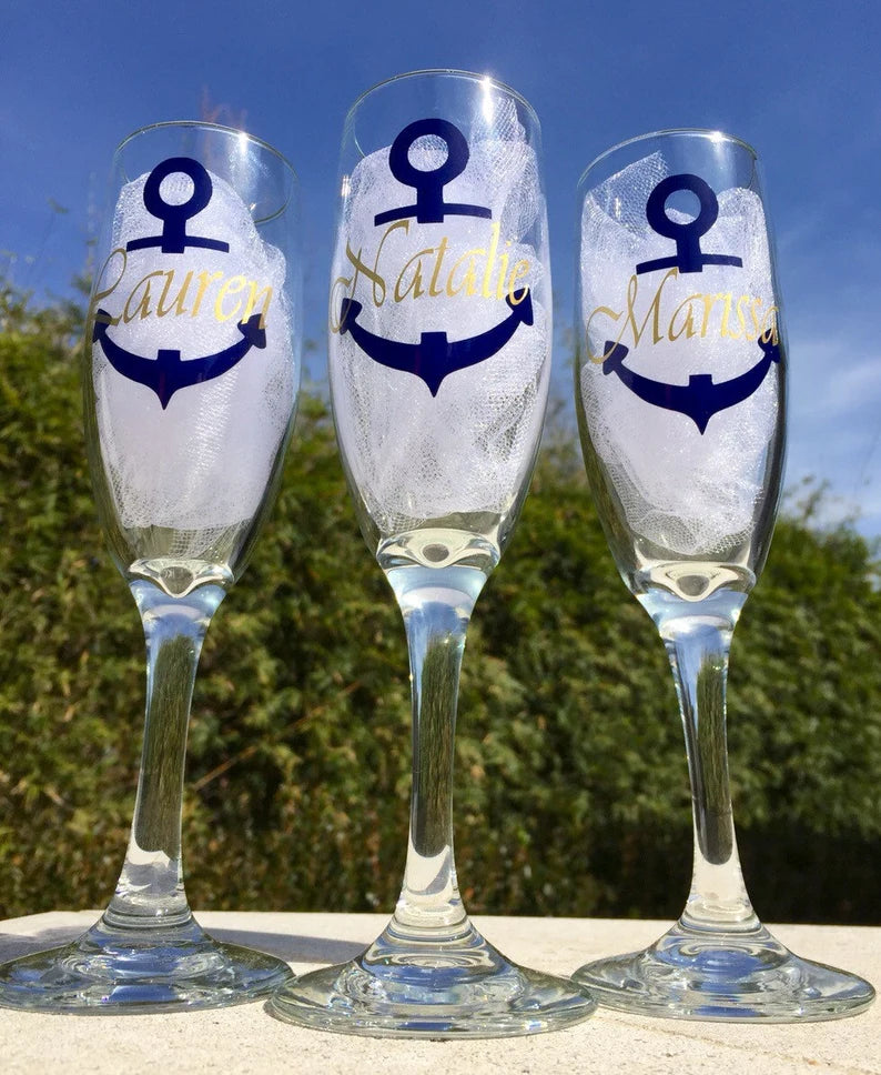 Nautical champagne glasses, personalized champagne flutes, nautical wedding