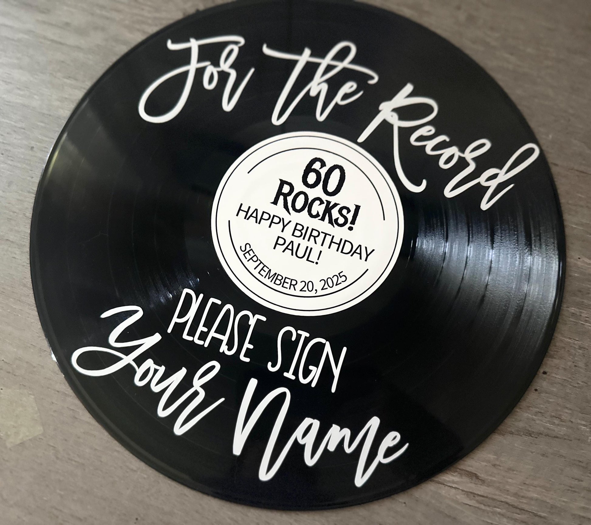 For the Record Birthday Guestbook Sign – Custom Vinyl Record 60th Birthday Decor, Milestone Party Keepsake, Personalized Music Theme